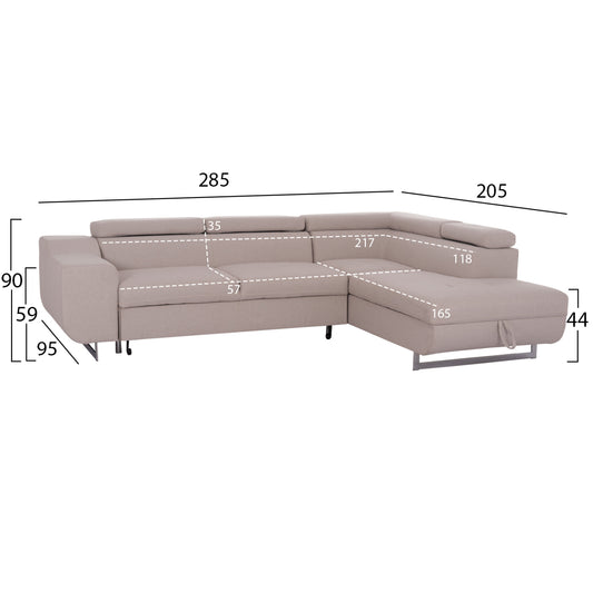 ΓΩΝΙΑΚΟΣ ΚΑΝΑΠΕΣ-ΚΡΕΒΑΤΙ ΜΕ ΑΠΟΘ.ΧΩΡΟ ENCORE HM3301.03R ΜΠΕΖ ΥΦΑΣΜΑ 285x205x90Υεκ.