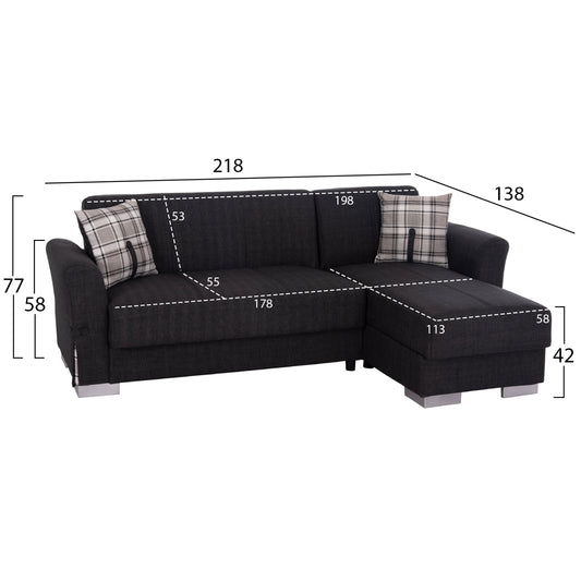 ΓΩΝΙΑΚΟΣ ΚΑΝΑΠΕΣ-ΚΡΕΒΑΤΙ ΜΕ ΑΠΟΘ. ΧΩΡΟ BRONKO HM3291.01 ΑΝΘΡΑΚΙ ΥΦΑΣΜΑ 218x138x77Y