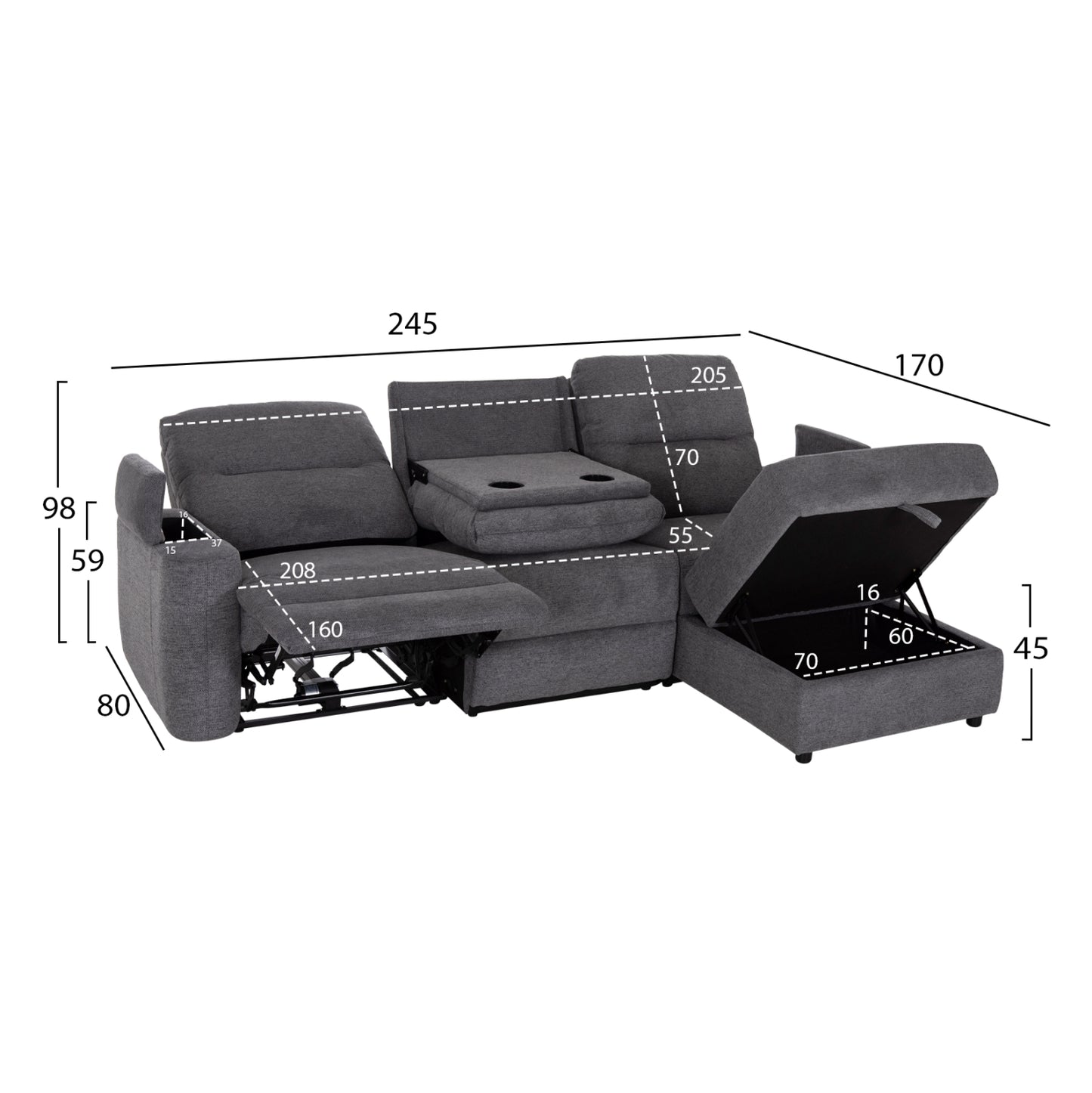 ΚΑΝΑΠΕΣ ΔΕΞΙΑ ΓΩΝΙΑ SYNTHIA HM3308.03R ΑΝΑΚΛΙΣΗ & ΑΠΟΘ.ΧΩΡΟΣ--ΓΚΡΙ 245x170x98Υεκ