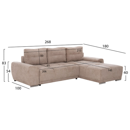 ΚΑΝΑΠΕΣ ΚΡΕΒΑΤΙ ΔΕΞΙΑ ΓΩΝΙΑ COMFYRA HM3336.03R ΜΠΕΖ ΥΦΑΣΜΑ 270x181x75Υεκ