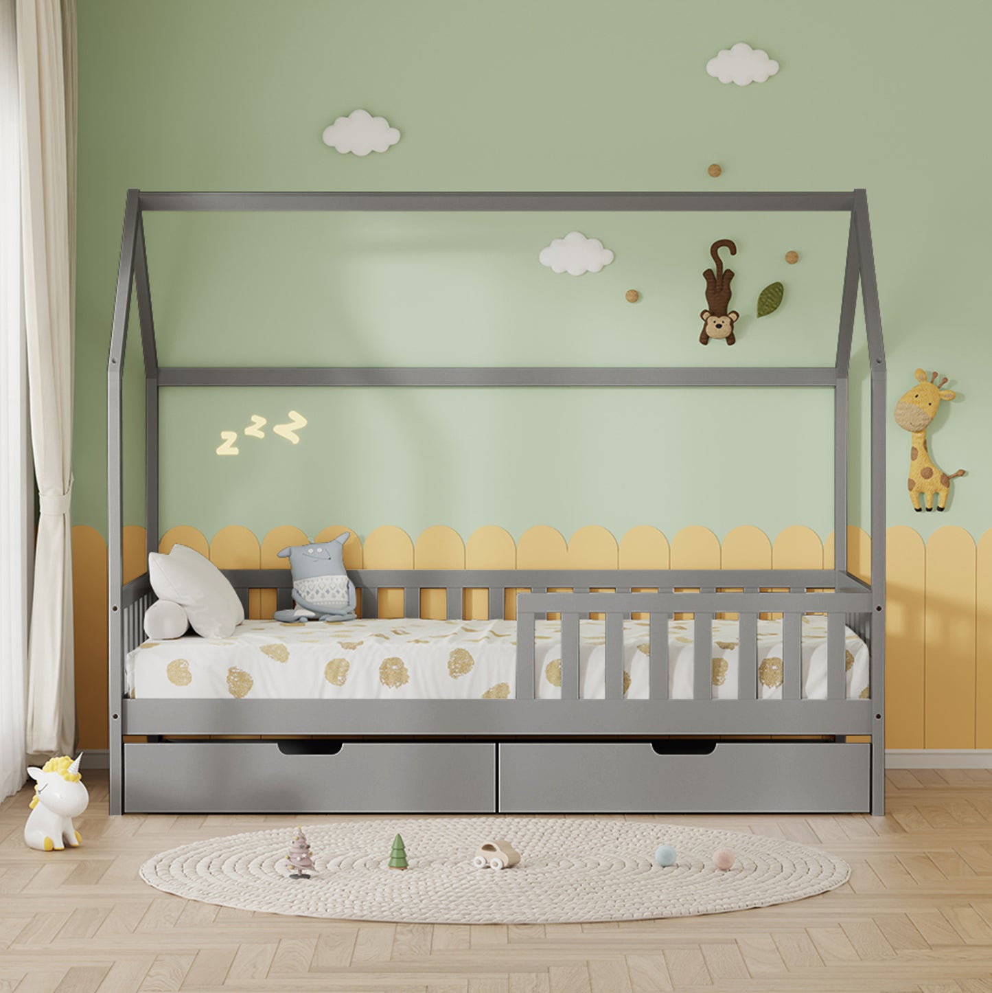 ΚΡΕΒΑΤΙ ΠΑΙΔΙΚΟ ΜΕ ΣΥΡΤΑΡΙΑ PHYLLIS HM21324.02 ΞΥΛΟ ΠΕΥΚΟΥ ΓΚΡΙ--ΜΕ ΣΤΡΩΜΑ 90x190εκ
